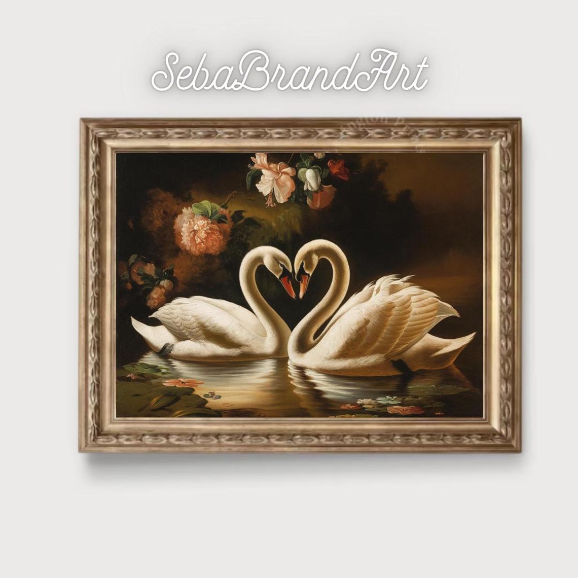 Two Swans Forming A Heart On A Dark Lily Pond Classical Poster - Image 2