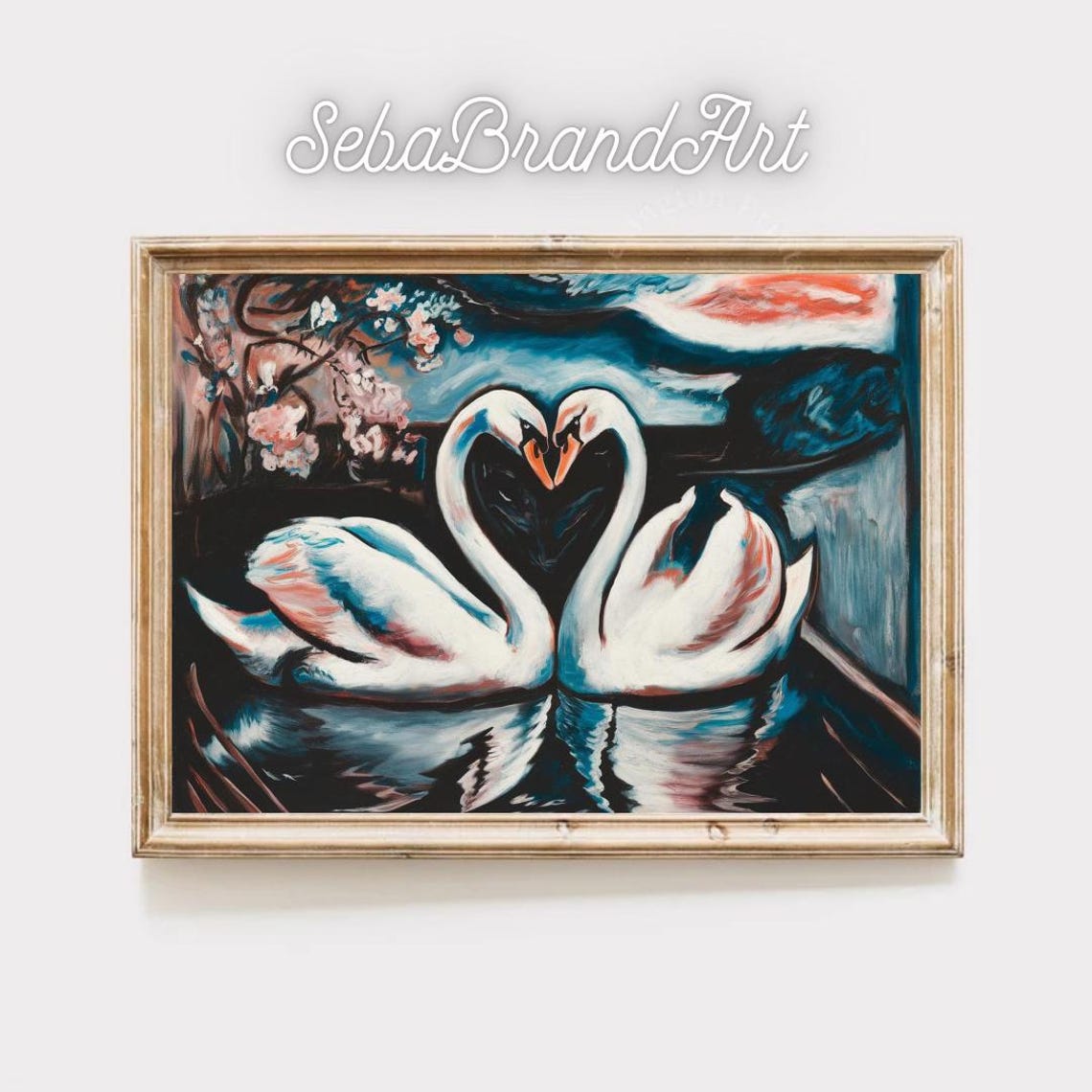 Two Swans Forming A Heart On Dark Water Bold Expressionist Poster