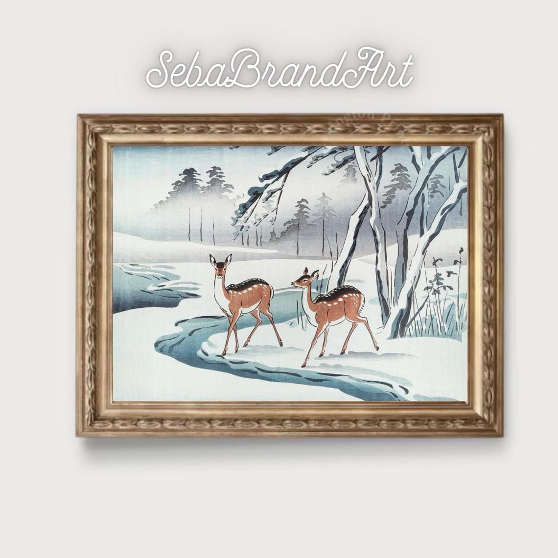 Two Spotted Deer By A Winding Snowy Stream Japanese Winter Art Poster - Image 2