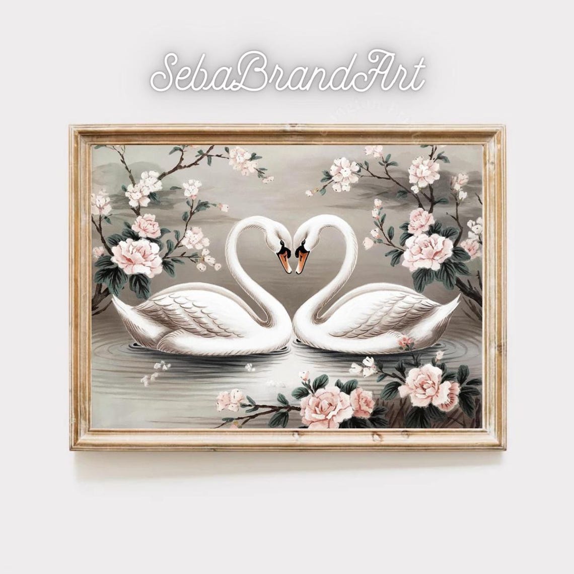 Two Swans Forming Heart Among Pink Peonies Elegant Floral Art Poster