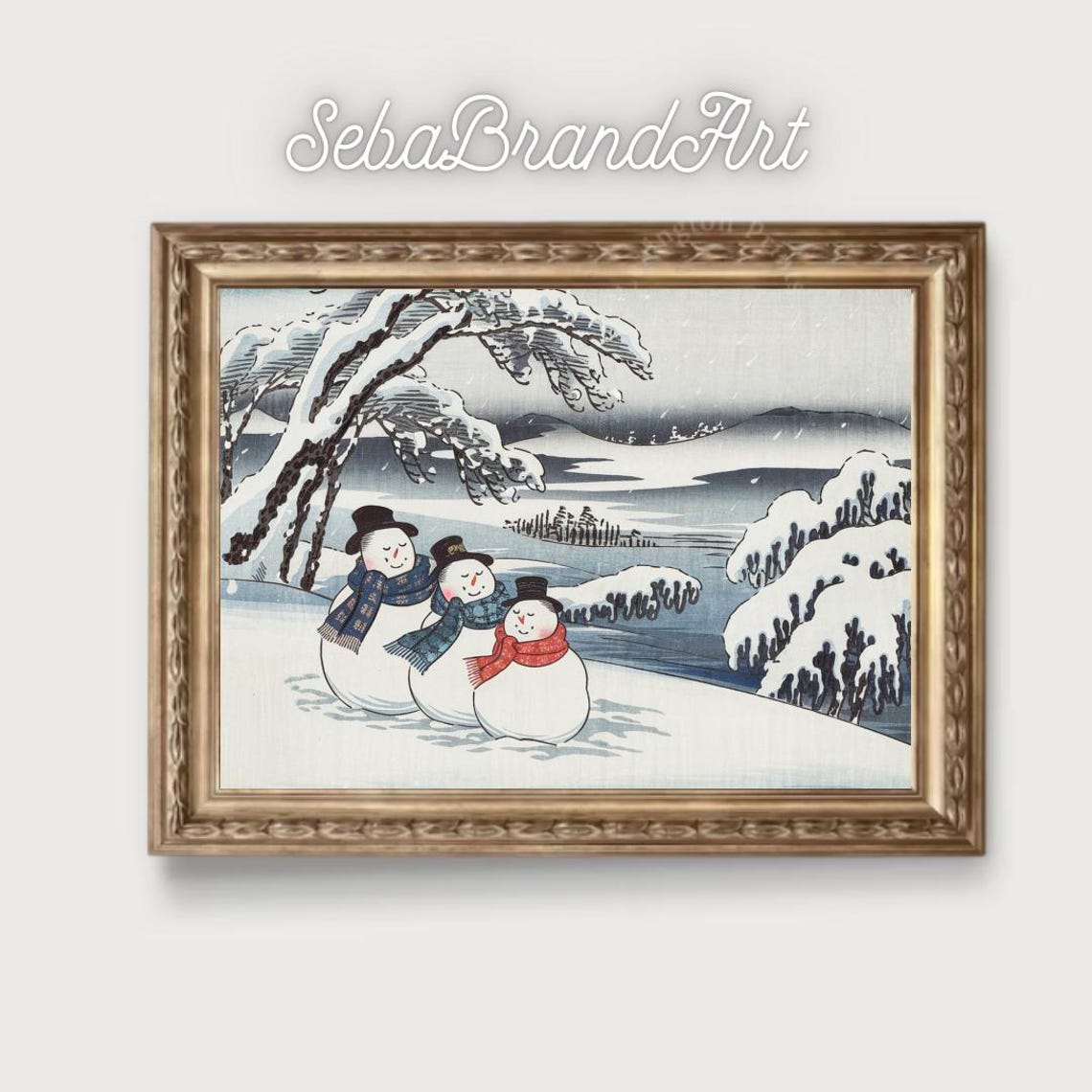 Three Snowmen In Serene Snowy Mountains Japanese Ukiyo E Art Poster - Image 2
