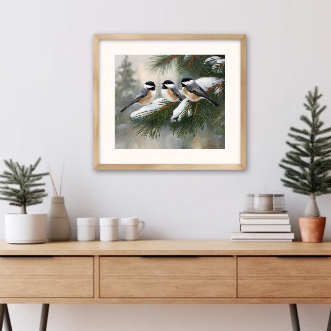 Chickadees On Snowy Evergreen Branch Winter Bird Art Gift Poster - Image 3