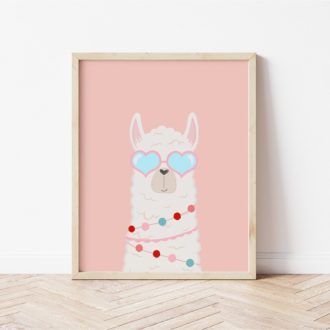 White Llama Wearing Heart Sunglasses Pink Pom Pom Garland Wall Art