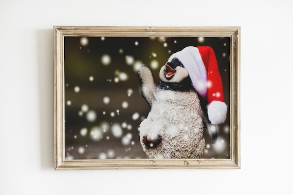 Cute Penguin In Santa Hat Playing In Falling Snow Holiday Poster