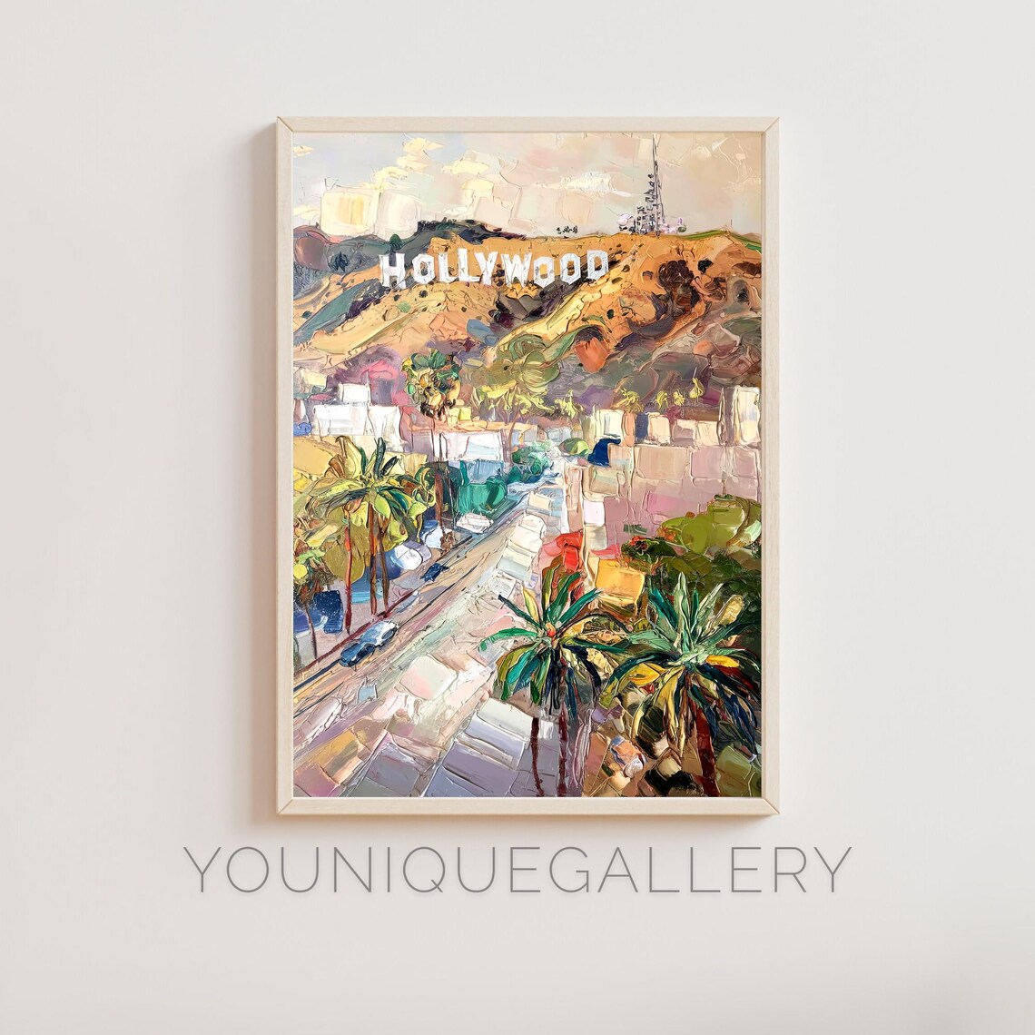 Hollywood Sign Hills Palm Trees Colorful City View Oil Painting Poster