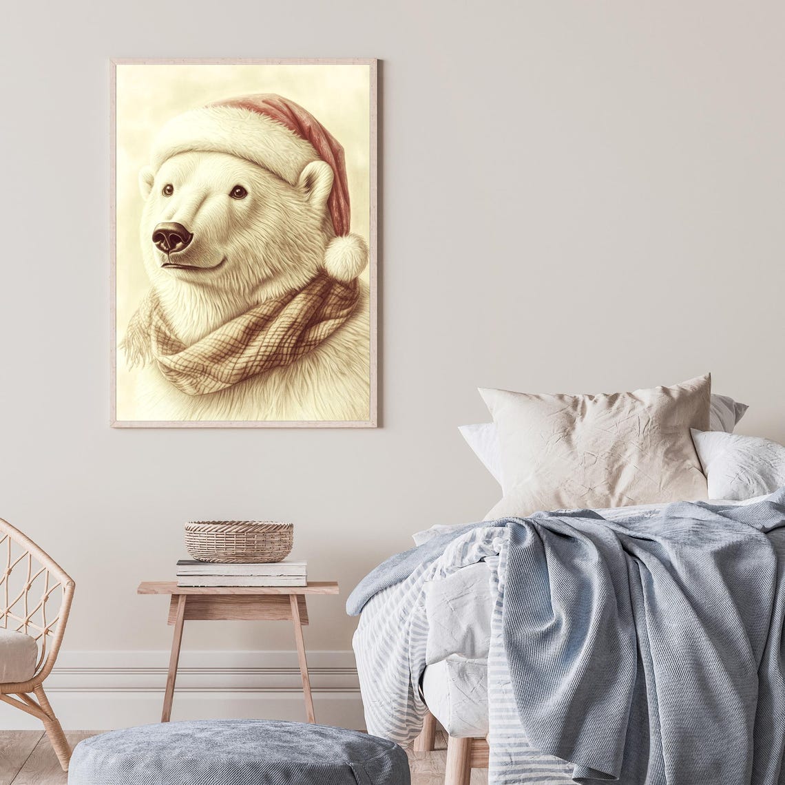 Polar Bear in Santa Hat Christmas Wildlife Portrait Art Poster - Image 3