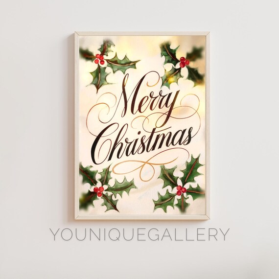 Merry Christmas Calligraphy Holly Berries Watercolor Holiday Poster