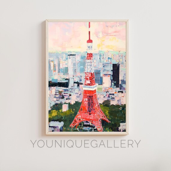 Tokyo Tower Japan Red Lattice Tower City Skyline Pastel Sunset Painting Poster