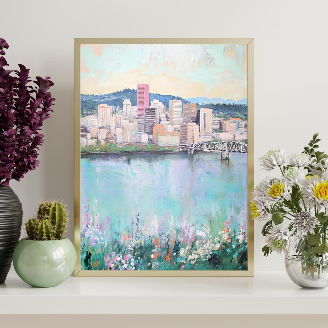Portland Oregon Skyline Bridge Wildflower River Oil Painting Poster - Image 4