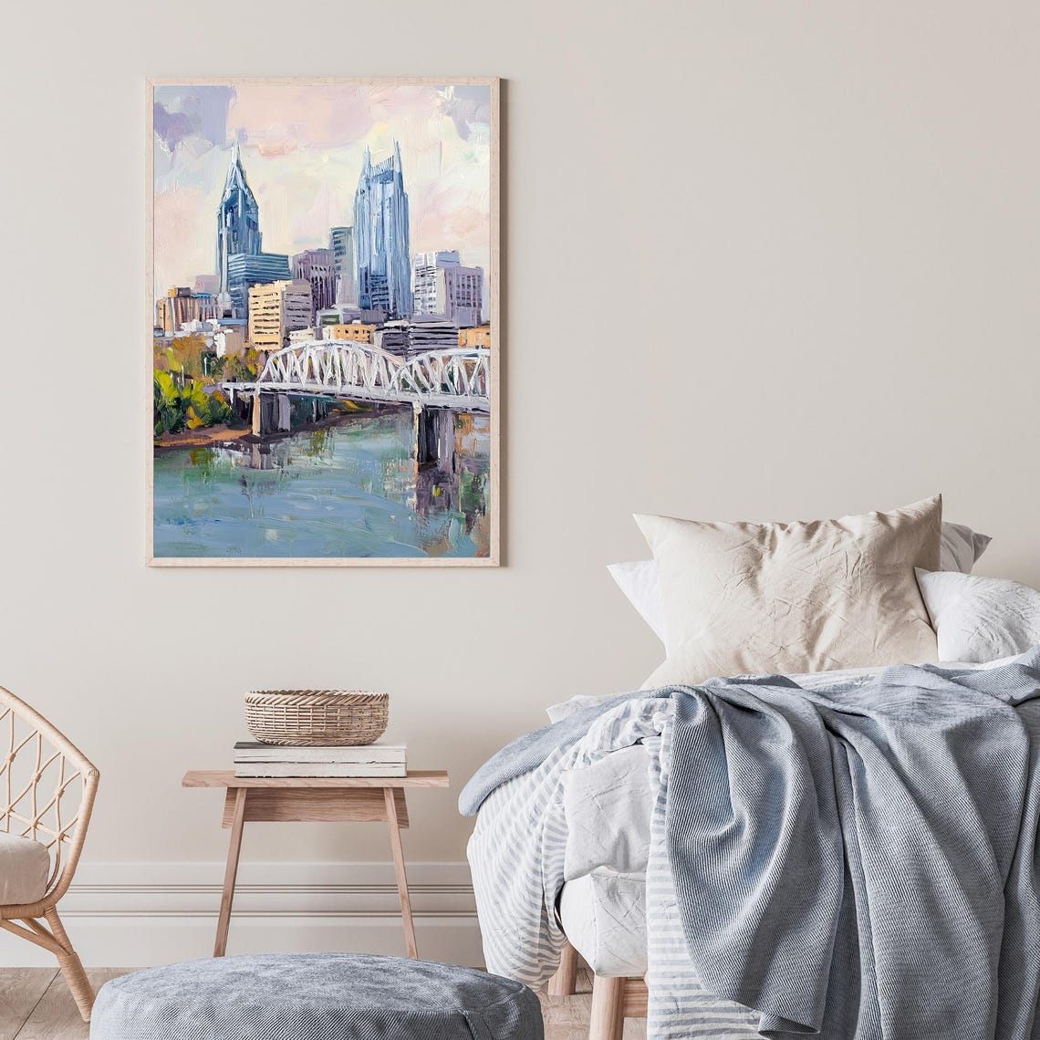 Nashville Tennessee Skyline Bridge River Sunset Oil Painting Poster - Image 2