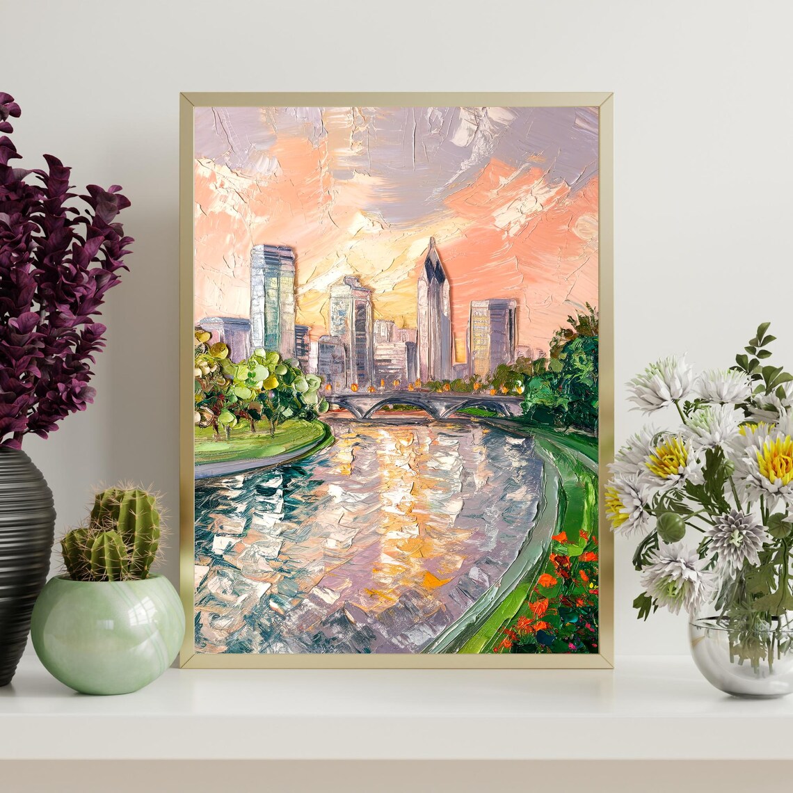 Columbus Ohio Skyline River Bridge Sunset Oil Painting Poster - Image 4