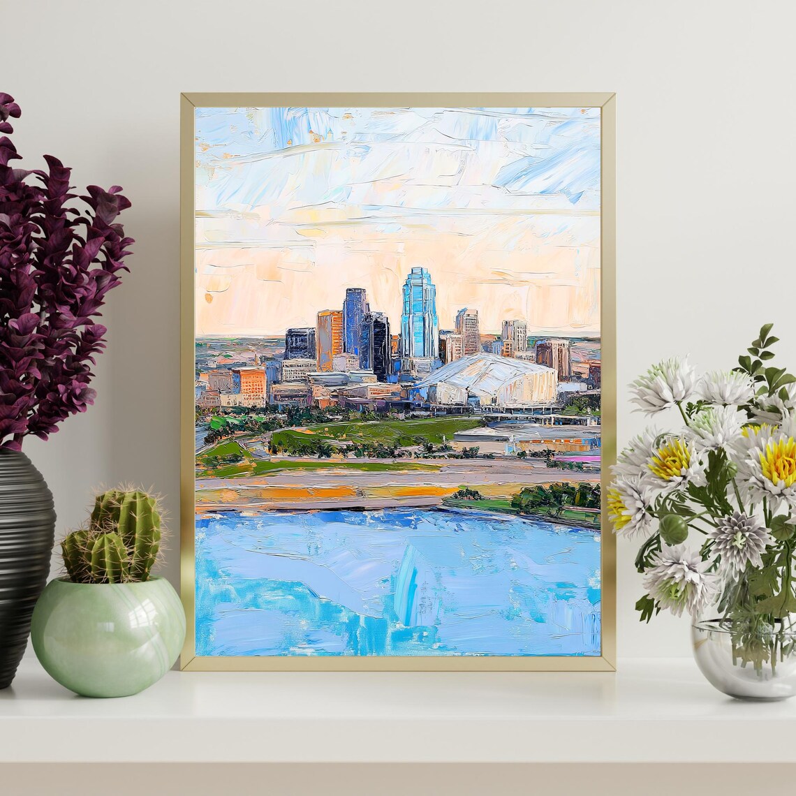Kansas City Missouri Downtown Skyline River Oil Painting Poster - Image 4