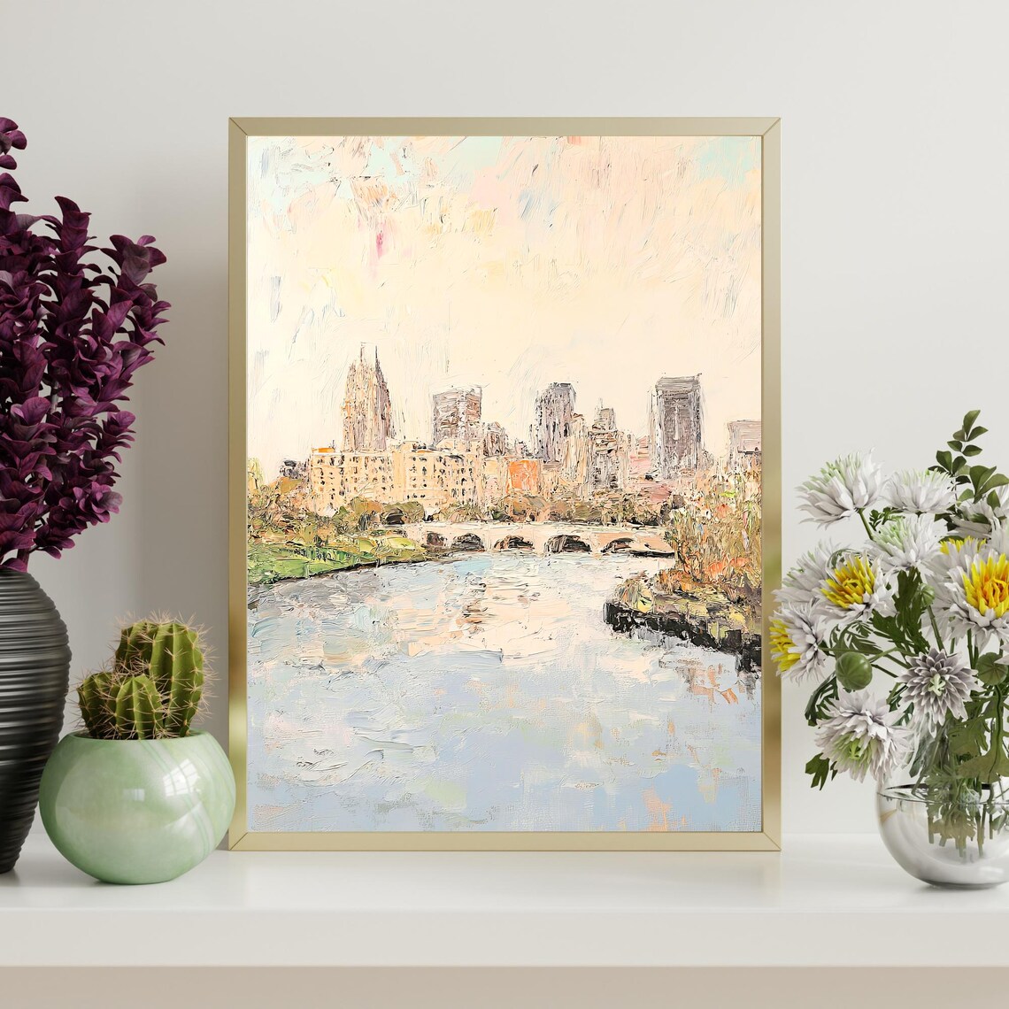 City Skyline Arched Stone Bridge River Impressionist Oil Painting Wall Art - Image 4