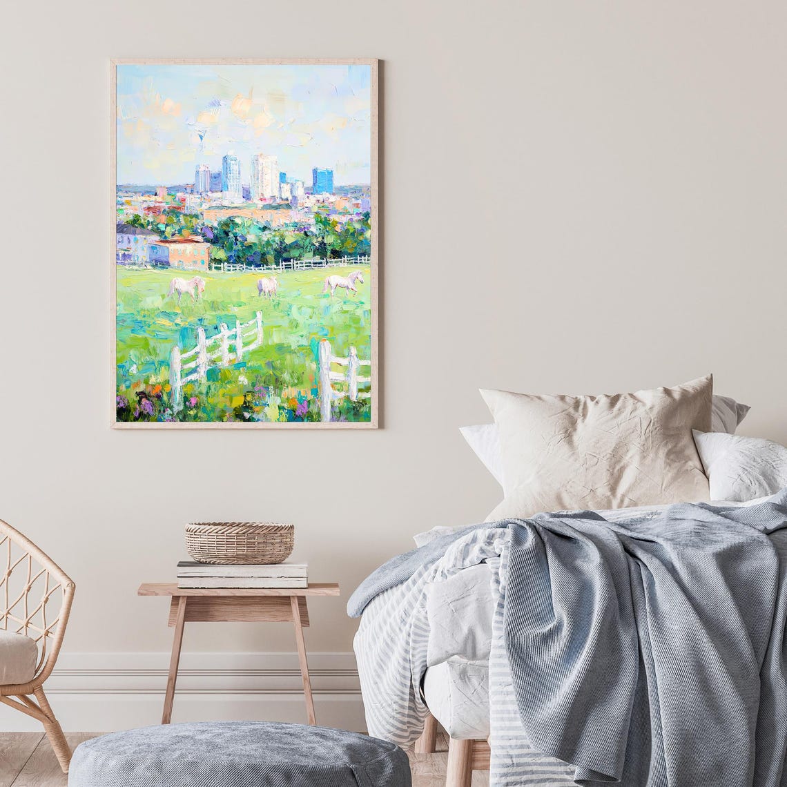 White Horses Pasture City Skyline Pastoral Impressionist Wall Art - Image 2