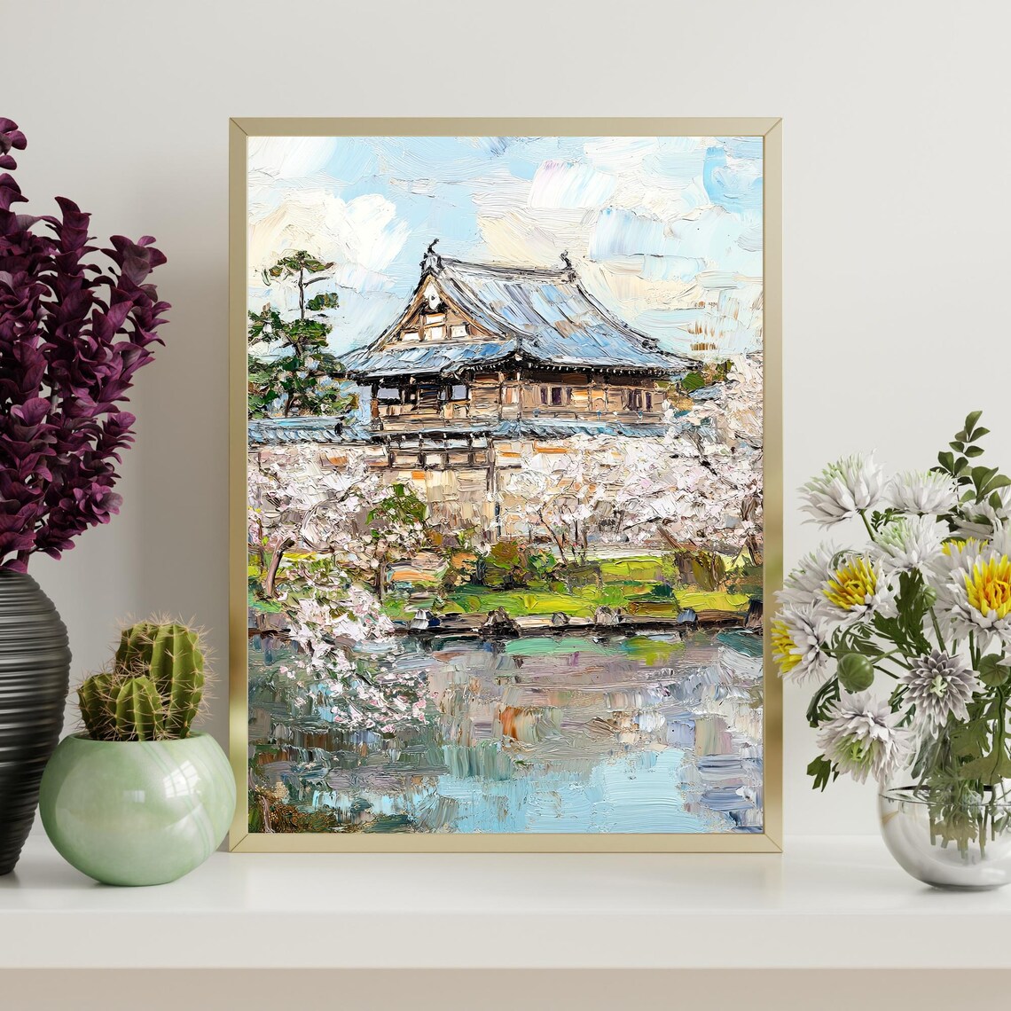 Japanese Temple Cherry Blossom Pagoda Spring Pond Oil Painting Poster - Image 4