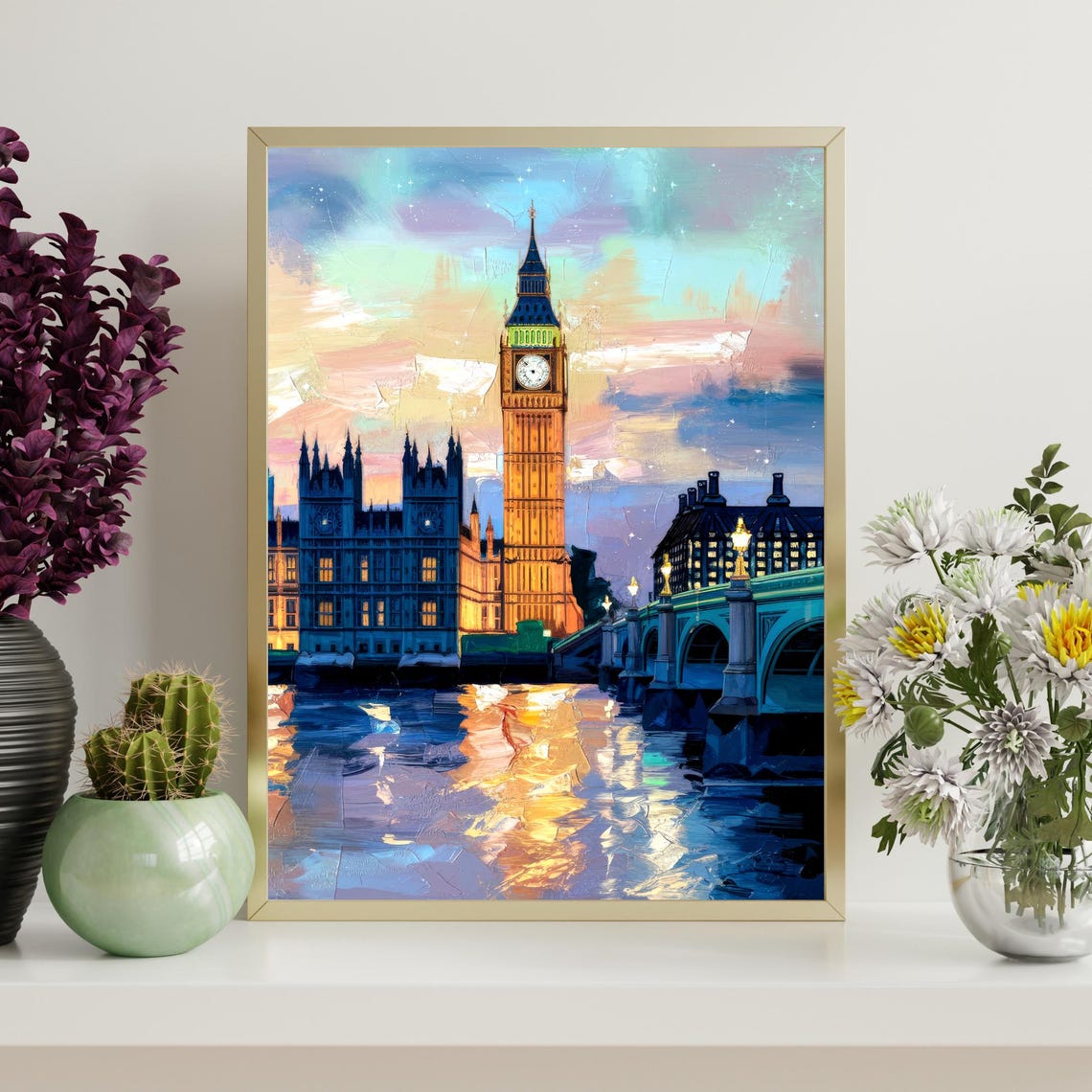 Big Ben London Elizabeth Tower Sunset Thames River Painting Poster - Image 4