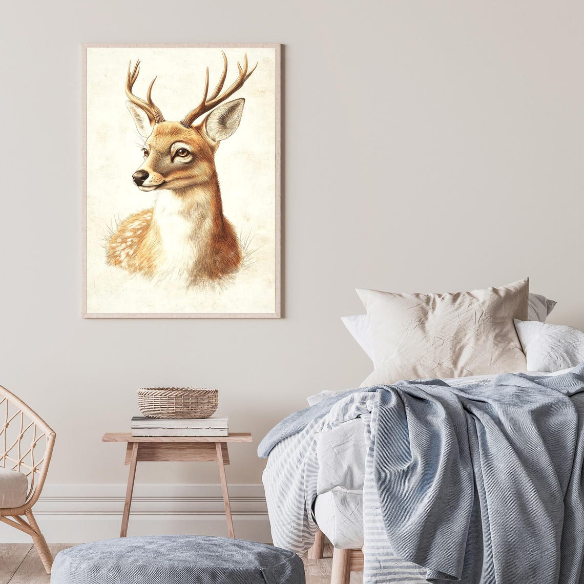 Stag Deer Portrait With Antlers Sepia Sketch Rustic Animal Wall Art - Image 2
