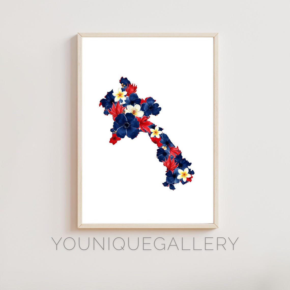 Laos Map Outline Floral Watercolor Art Print