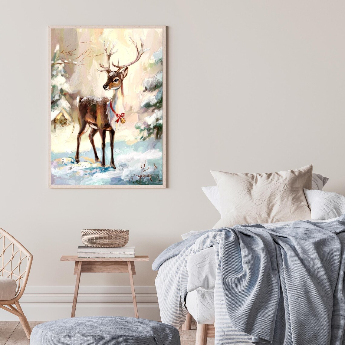 Christmas Reindeer in Snowy Woodland Winter Wildlife Scene Poster - Image 3