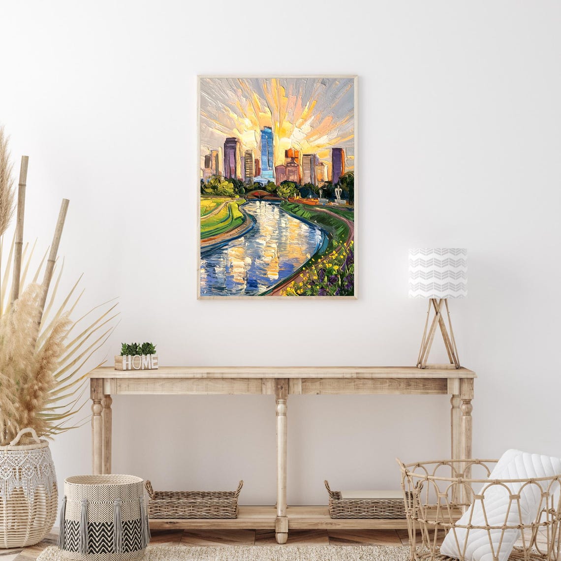 Fort Worth Sunset Skyline River Reflection Oil Painting Poster - Image 3