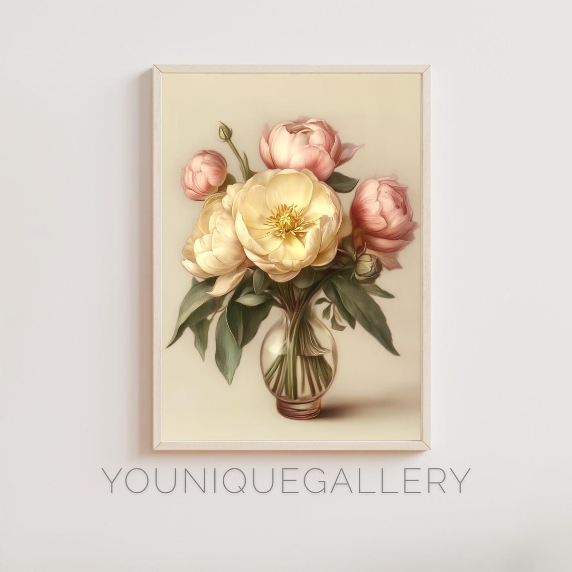 Vintage Peony Bouquet in Glass Vase Floral Botanical Art Poster