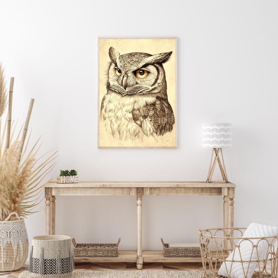 Great Horned Owl Portrait Sepia Sketch Piercing Eyes Bird Wall Art - Image 3