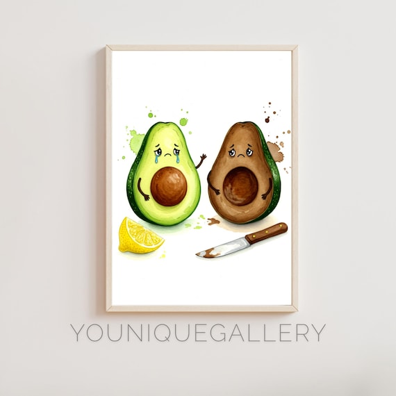 Sad Avocados Kitchen Wall Art Funny Avocado Watercolor Print Vegan Food Illustration Avocado Lover Gift