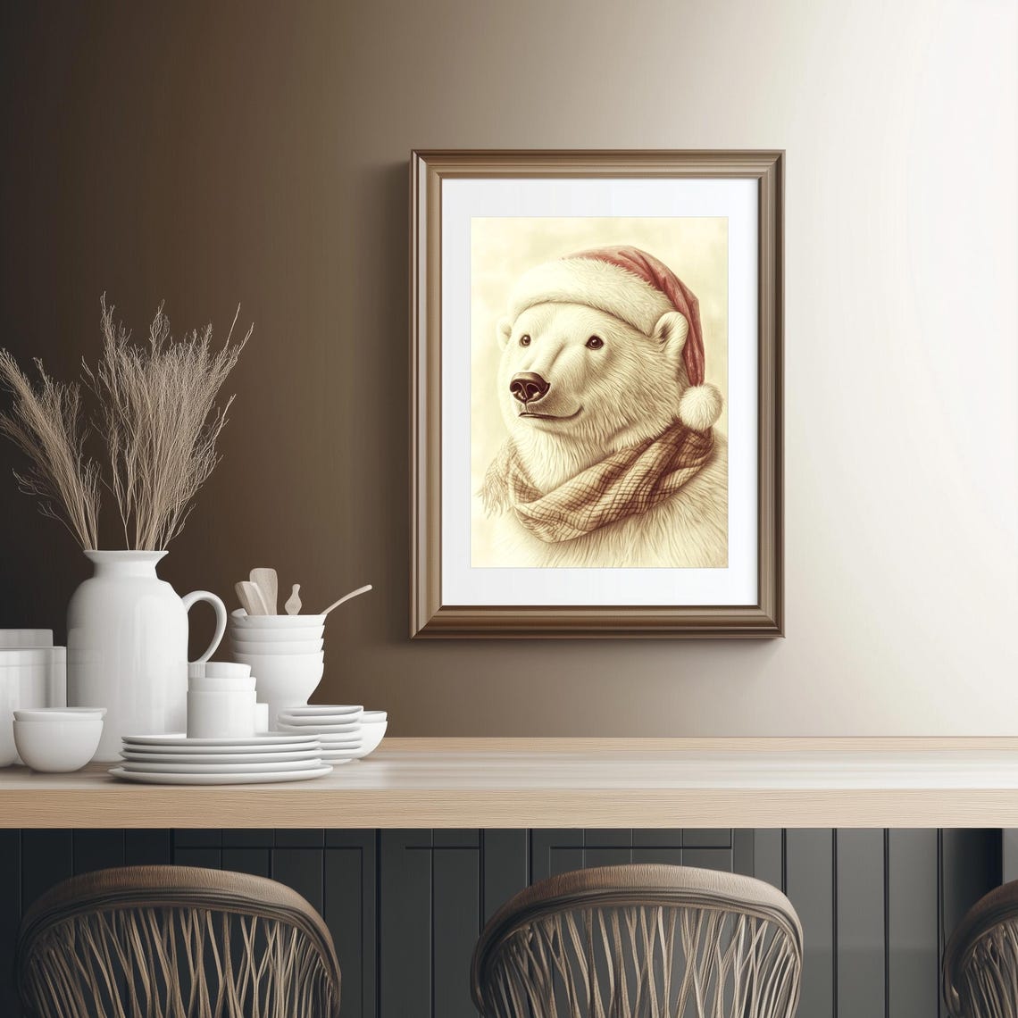 Polar Bear in Santa Hat Christmas Wildlife Portrait Art Poster - Image 2
