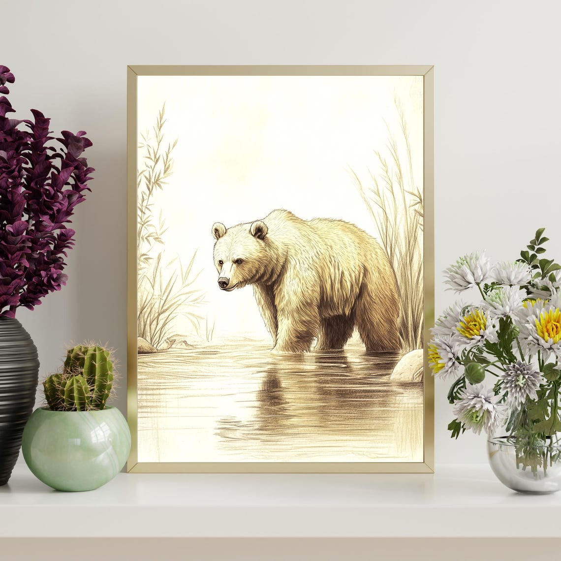 Serene Brown Bear At Rivers Edge Nature Wildlife Art Print Wilderness Wall Decor Bear Illustration - Image 4