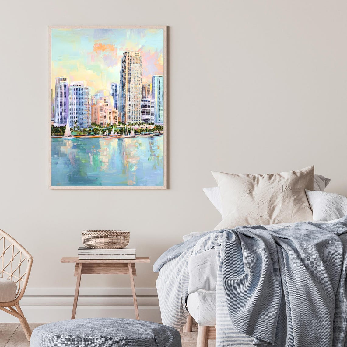 Miami Florida Coastal Skyline Sailboat Bay Sunset Oil Painting Poster - Image 2