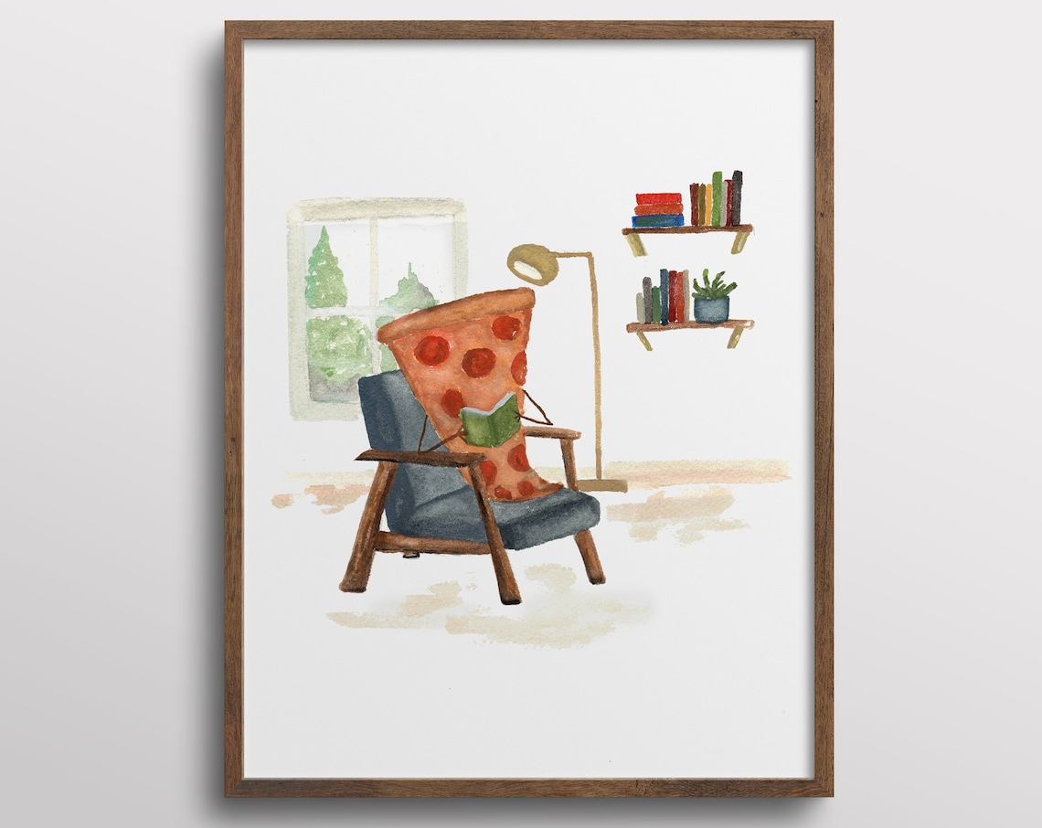 Whimsical Pizza Reading a Book in Library Nook, Art Print