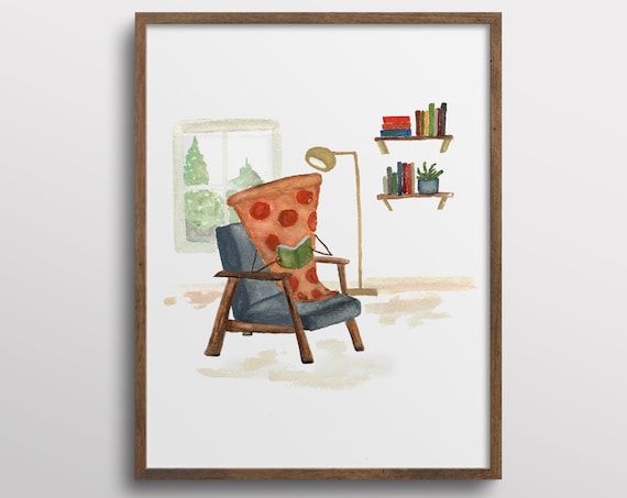 Whimsical Pizza Reading a Book in Library Nook, Art Print