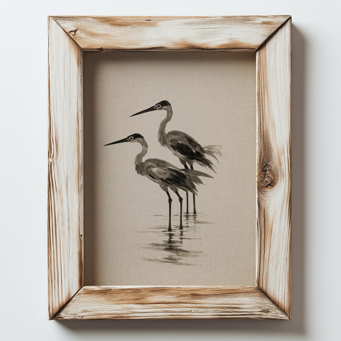 Two Herons Ink Wash Coastal Farmhouse Rustic Neutral Bird Print