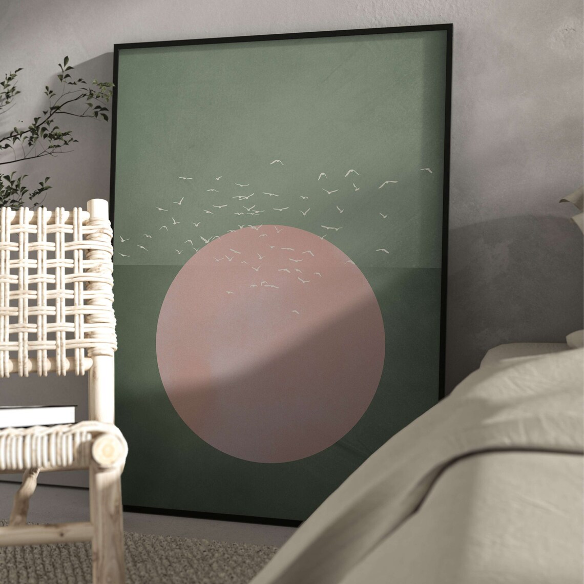 Flying Birds And Sun Japandi Art Print, Living Room Decor - Image 2