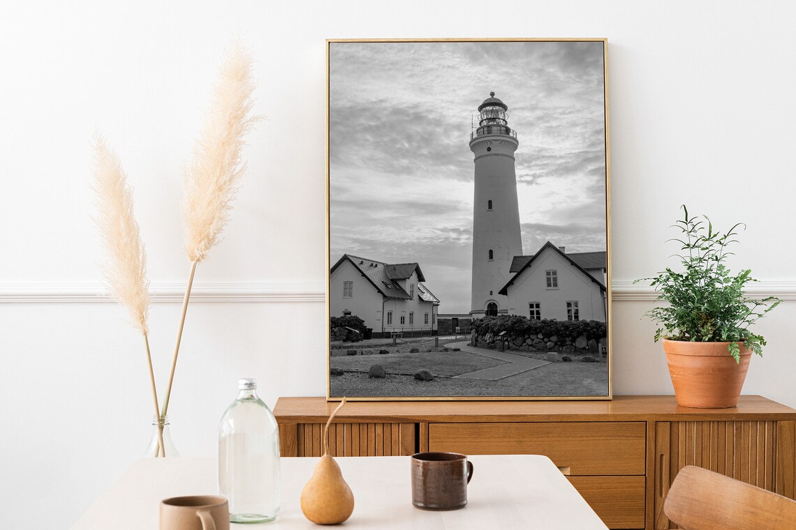 Tall Coastal Lighthouse Between Two Keeper Houses Black White Nautical Poster - Image 3