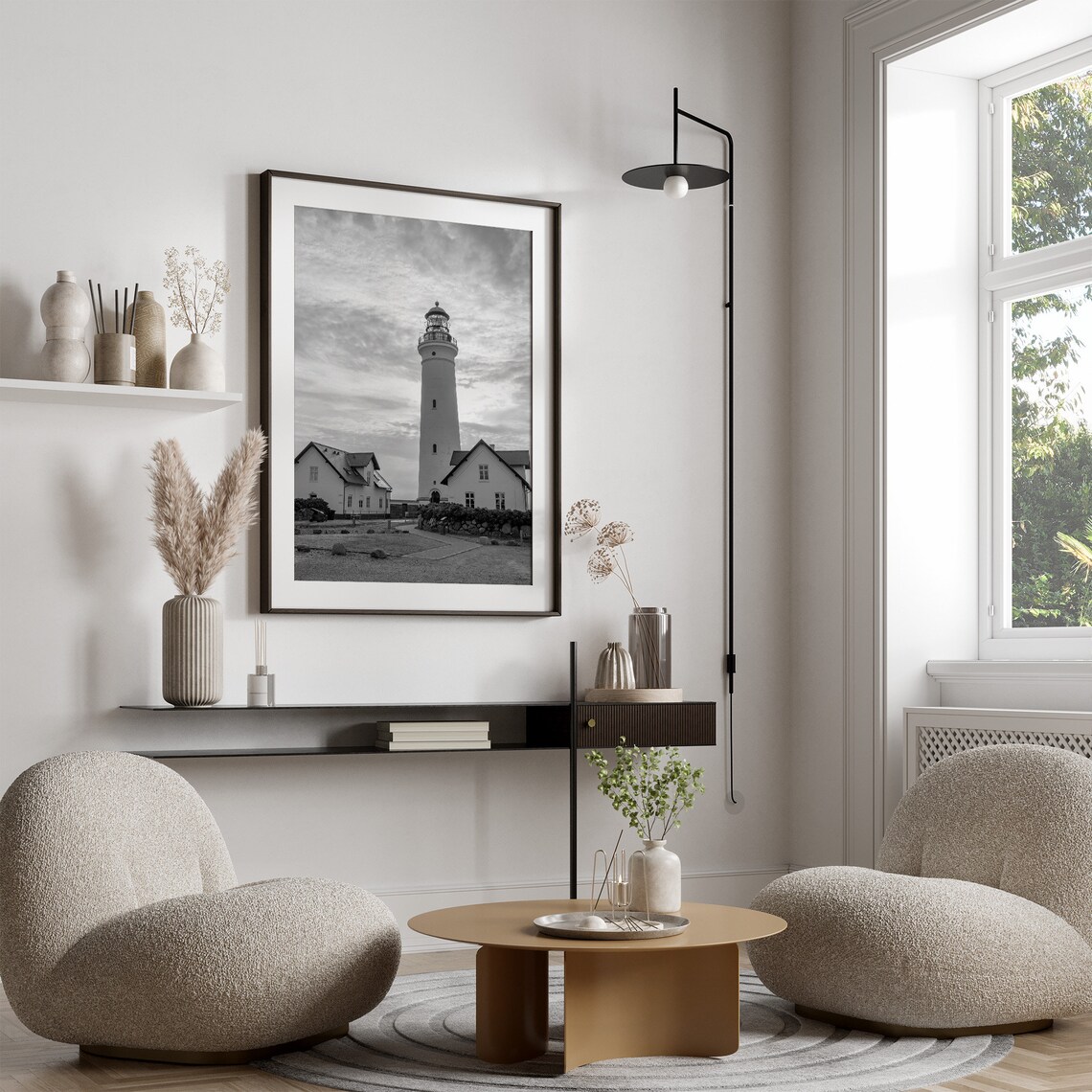 Tall Coastal Lighthouse Between Two Keeper Houses Black White Nautical Poster - Image 2