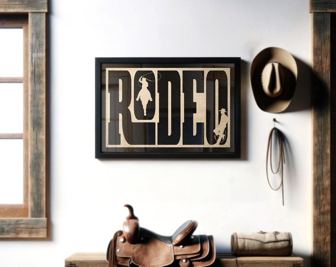 Rodeo Black Typography Cowboy Lasso Silhouette Western Wall Art