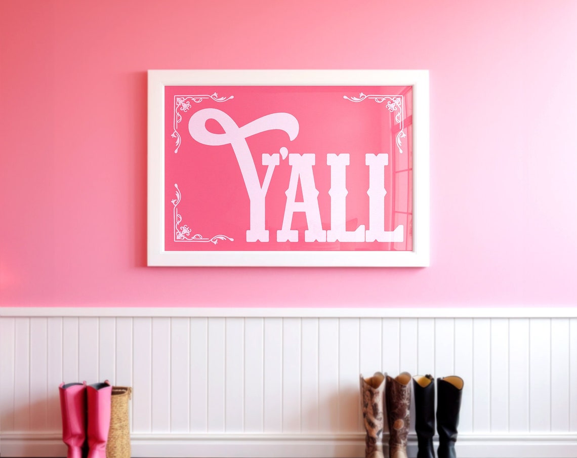Yall White On Hot Pink Vintage Flourish Script Western Poster - Image 3