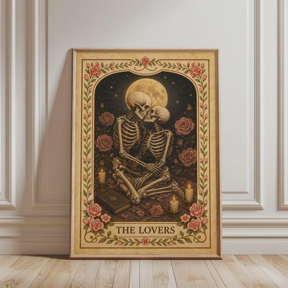 Spiritual Wall Art The Lovers Tarot Card Print Witchy Romantic Skeleton Mystic Botanical Vintage Poster For Celestial Home Decor