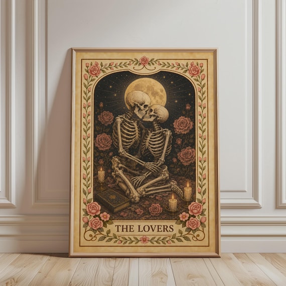 The Lovers Tarot Card Skeleton Couple Moonlit Roses Gothic Poster