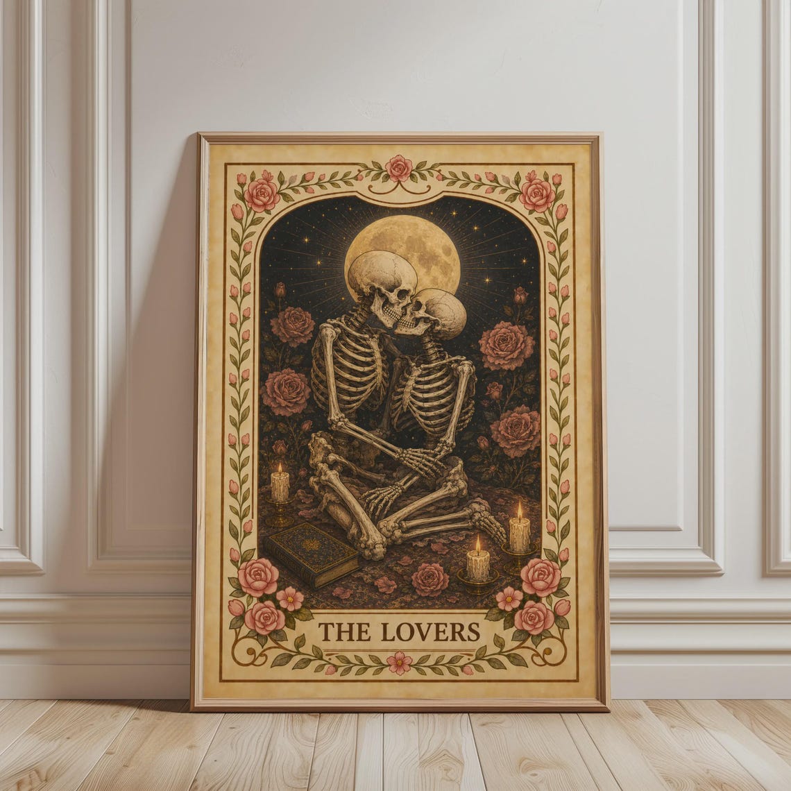 The Lovers Tarot Card Skeleton Couple Moonlit Roses Gothic Poster