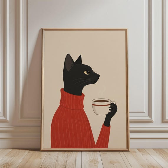 Trendy Wall Art Minimalist Black Cat With Coffee Print Retro Elegant Artwork Cozy Funny Animal Poster Living Room Kitchen Decor
