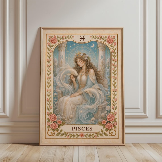 Pisces Zodiac Boho Floral Vintage Art Print