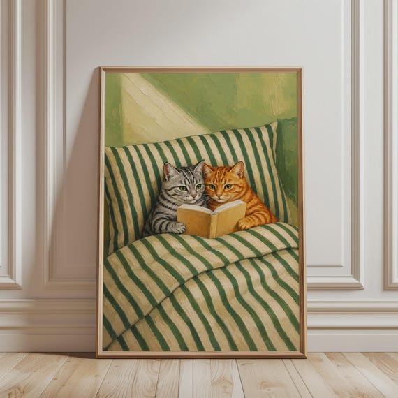 Trendy Wall Art Orange And Grey Cat Reading In Bed Print Retro Tabby Artwork Cozy Funny Animal Poster For Living Bedroom Decor