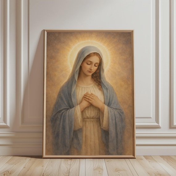 Virgin Mary Golden Halo Prayer Vintage Catholic Religious Wall Art