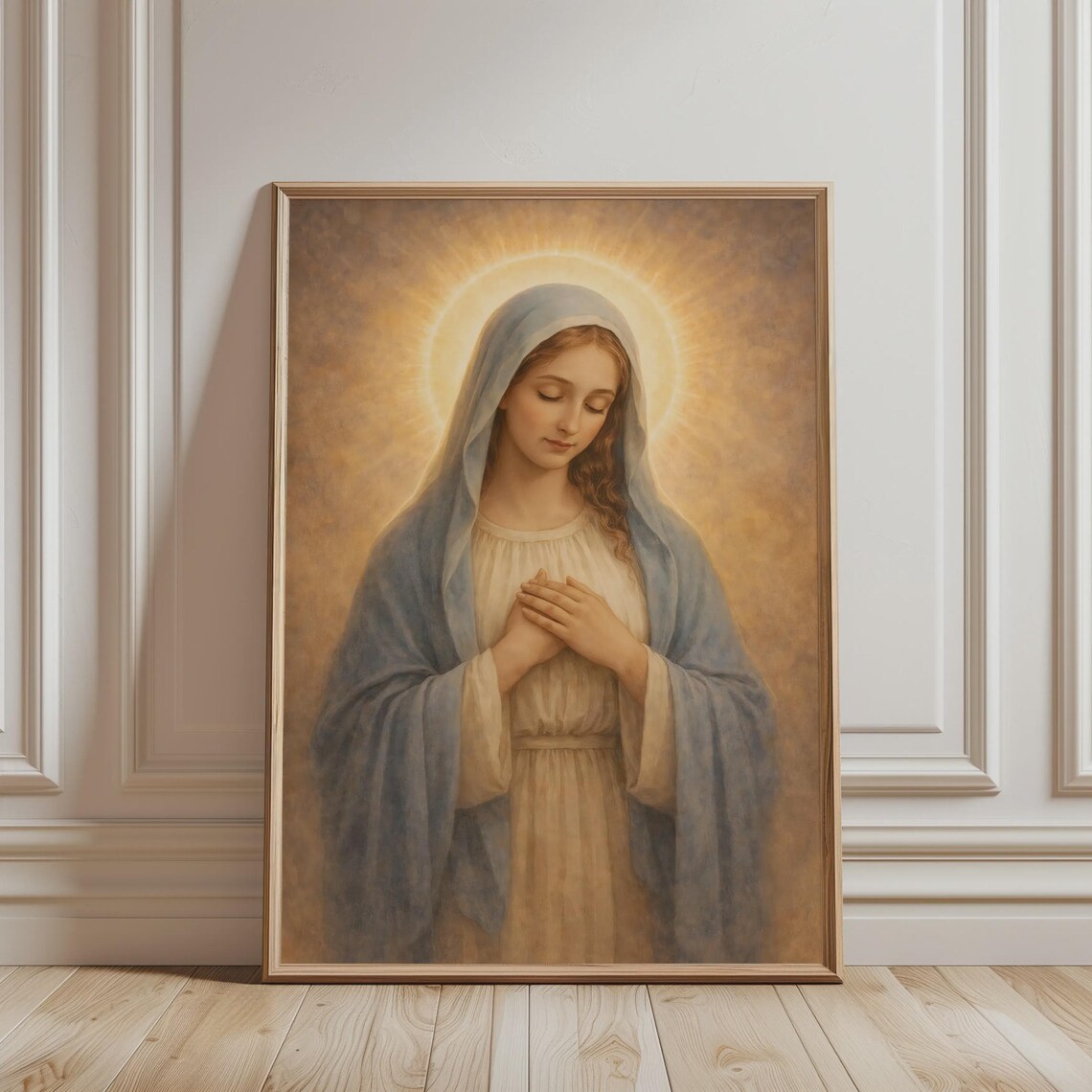 Virgin Mary Golden Halo Prayer Vintage Catholic Religious Wall Art