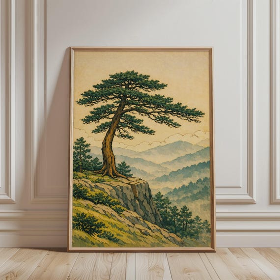 Japanese Wall Art Vintage Mountain Landscape Retro Forest Poster Pine Tree Nature Print Asian For Japandi Home Decor