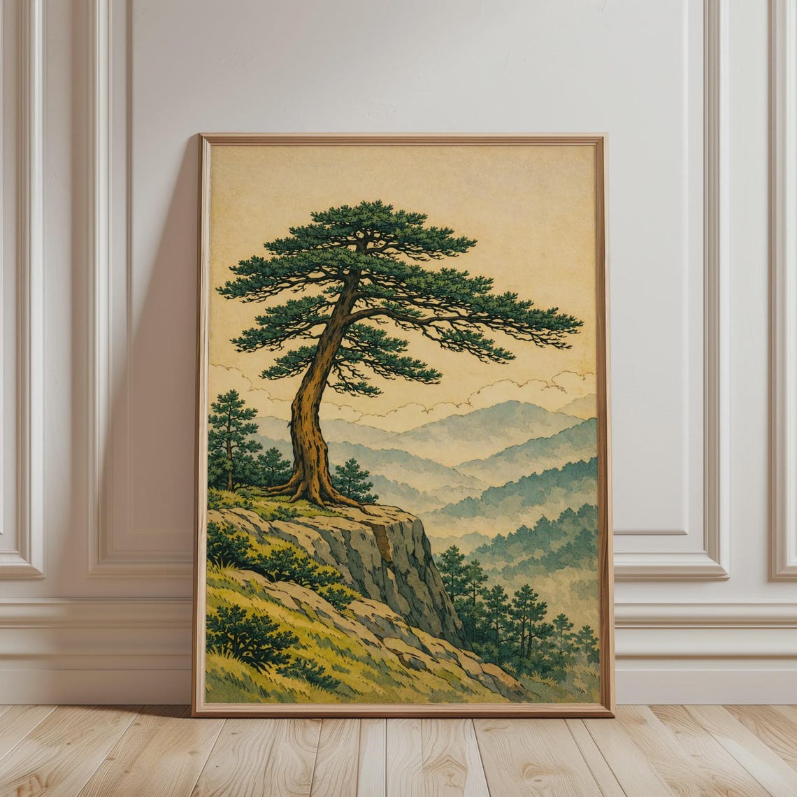 Japanese Pine Tree On Rocky Cliff Mountain Vintage Landscape Poster