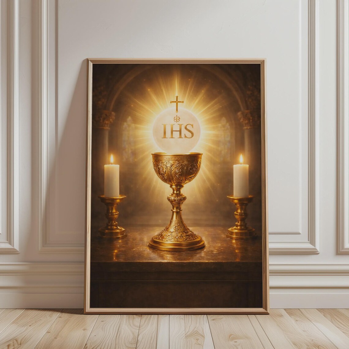 Holy Eucharist IHS Golden Chalice Candles Radiant Catholic Art Poster