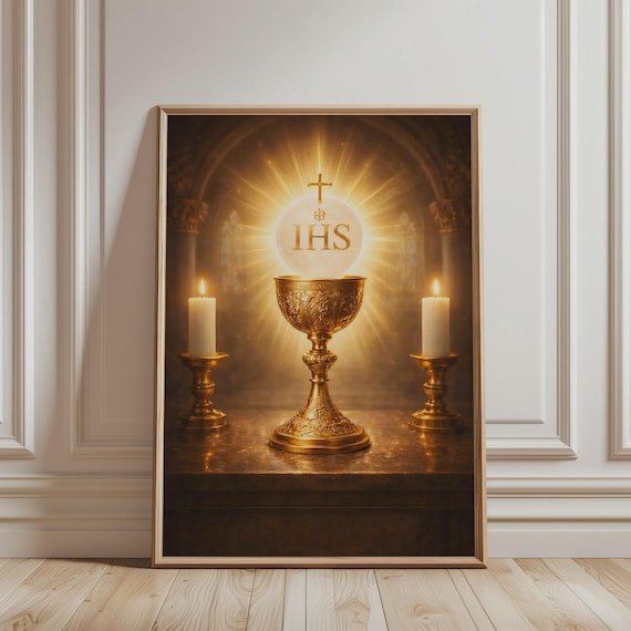 Holy Eucharist IHS Golden Chalice Candles Radiant Catholic Art Poster